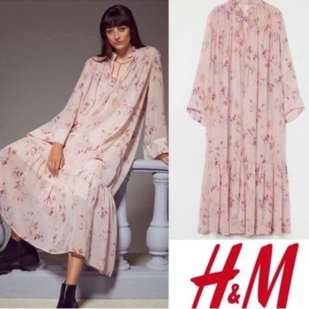 H&M Pink Floral Sheer Chiffon Hippie  Boho Dress